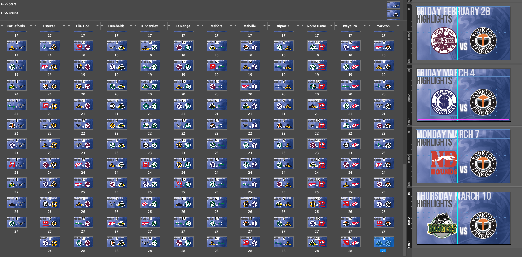 What an entire season of highlight thumbnails looks like in the program used to design and create them.